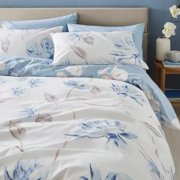 Floral Duvet Cover Set Reversible - Blue, Cotton