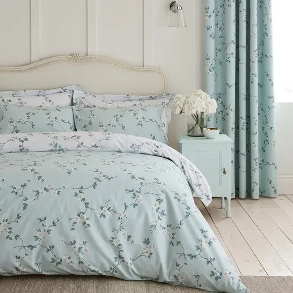 Floral Duvet Cover Set Reversible - Duck Egg, Polycotton