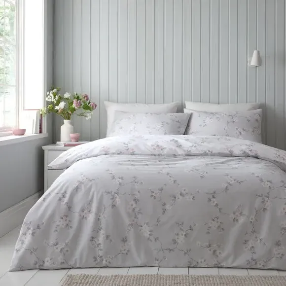 Floral Duvet Cover Set Reversible - Grey, Polycotton