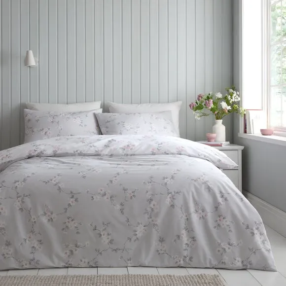 Floral Duvet Cover Set Reversible - Grey, Polycotton