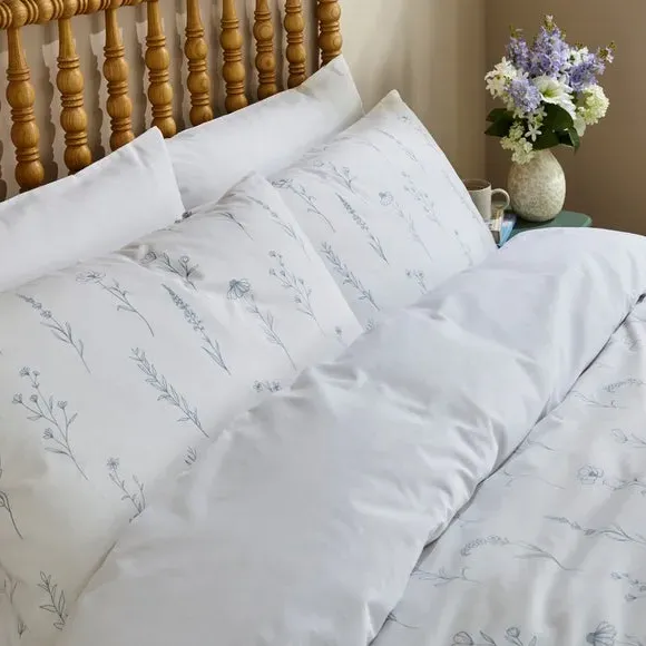 Floral Duvet Cover Set with Pillowcase - Blue, Cotton