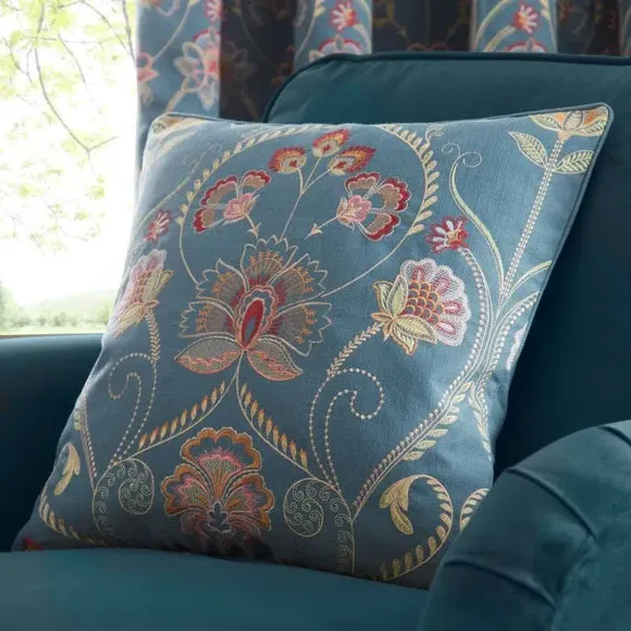 Floral Embroidered Cushion - Teal