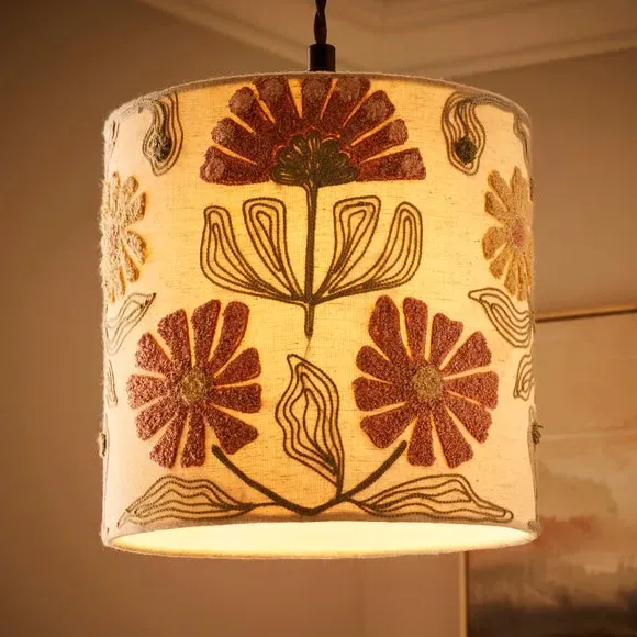 Floral Embroidered Lamp Shade - Natural