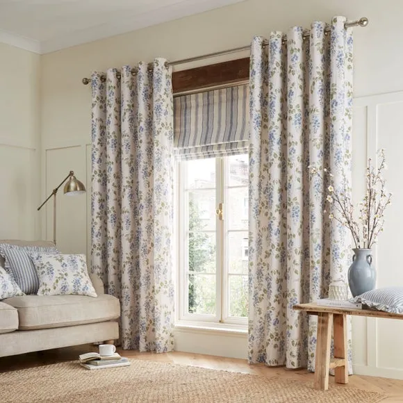 Floral Eyelet Curtains - Blue, Cotton