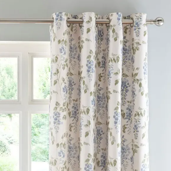 Floral Eyelet Curtains - Blue, Cotton image