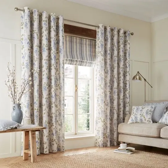 Floral Eyelet Curtains - Blue, Cotton