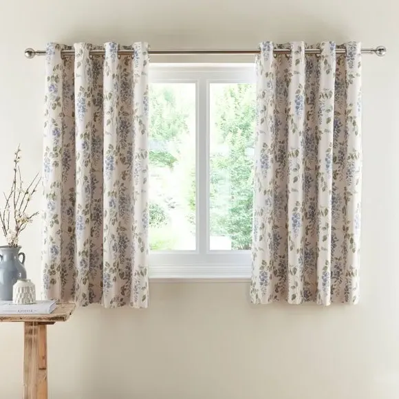 Floral Eyelet Curtains - Blue, Cotton