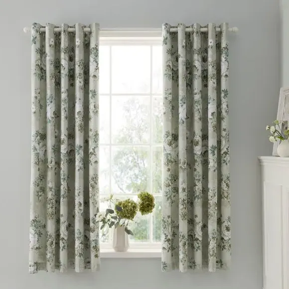 Floral Eyelet Curtains - Green, Cotton
