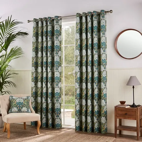 Floral Eyelet Curtains - Green, Cotton