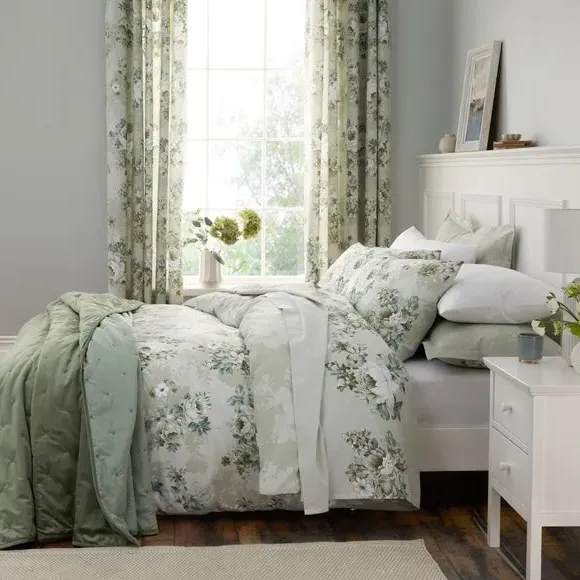 Floral Eyelet Curtains - Green, Cotton