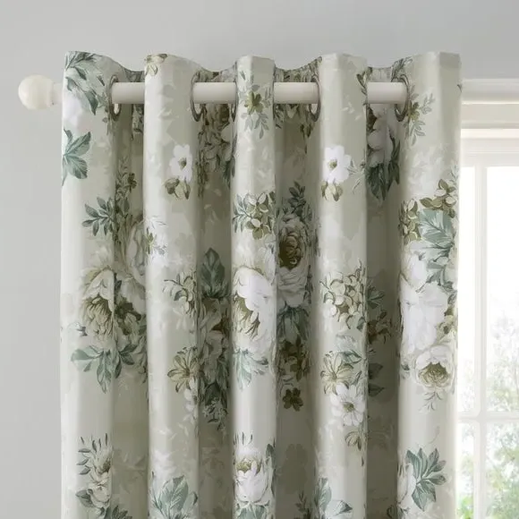 Floral Eyelet Curtains - Green, Cotton