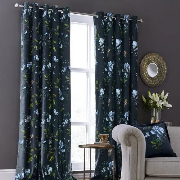 Floral Eyelet Curtains - Midnight, Lined