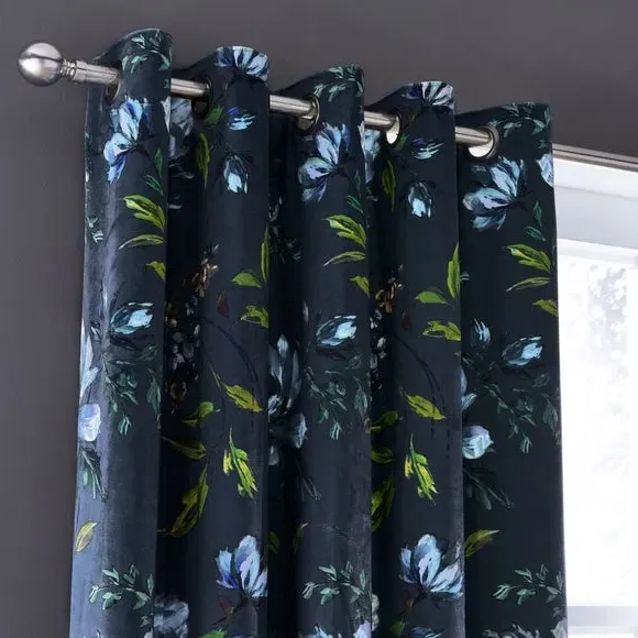 Floral Eyelet Curtains - Midnight, Lined