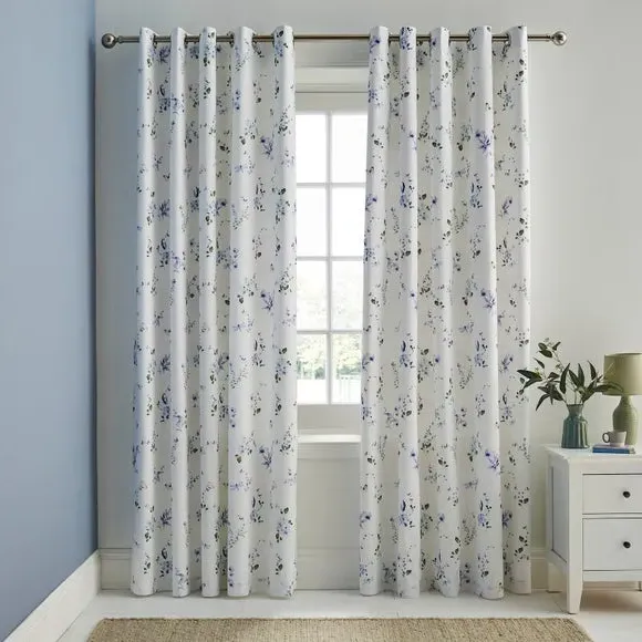Floral Eyelet Curtains with Blackout - Blue