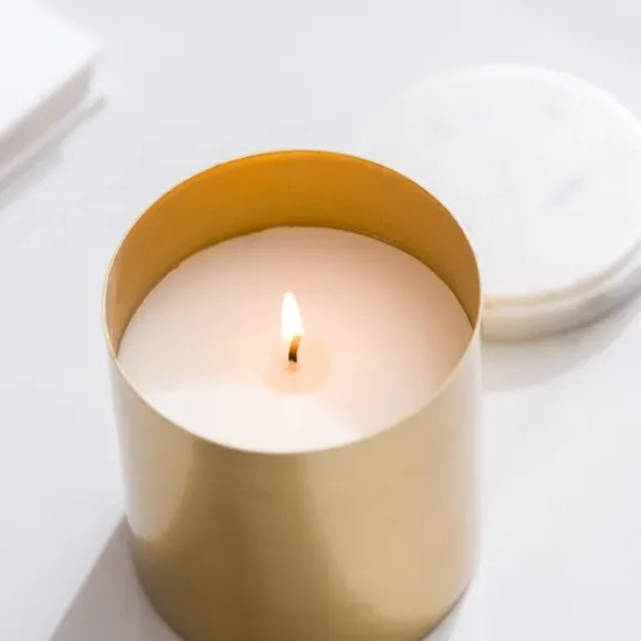 Floral Honey Candle with Marble Lid - Gold, Metal