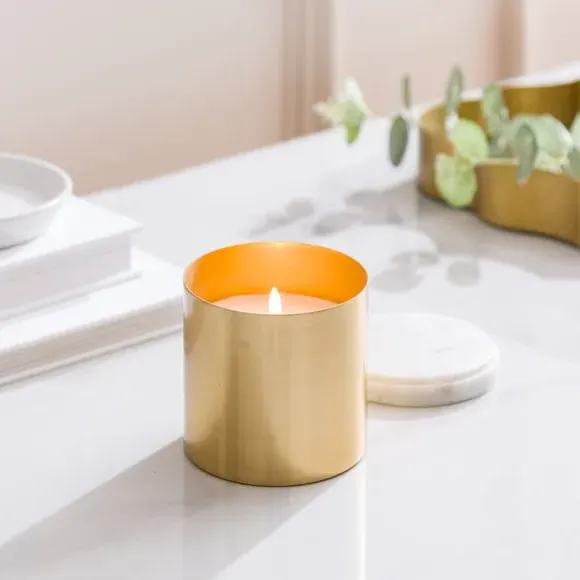 Floral Honey Candle with Marble Lid - Gold, Metal image