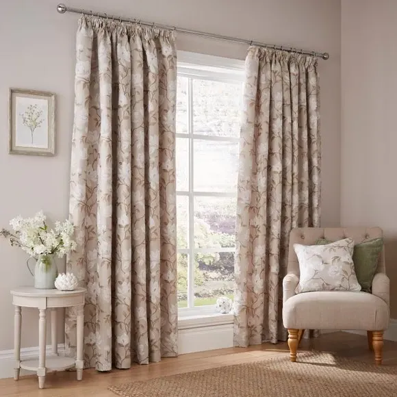 Floral Jacquard Pencil Pleat Curtains - Natural