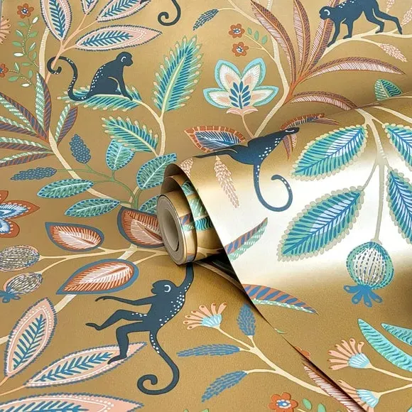 Floral Monkey Wallpaper with Metallic - Gold