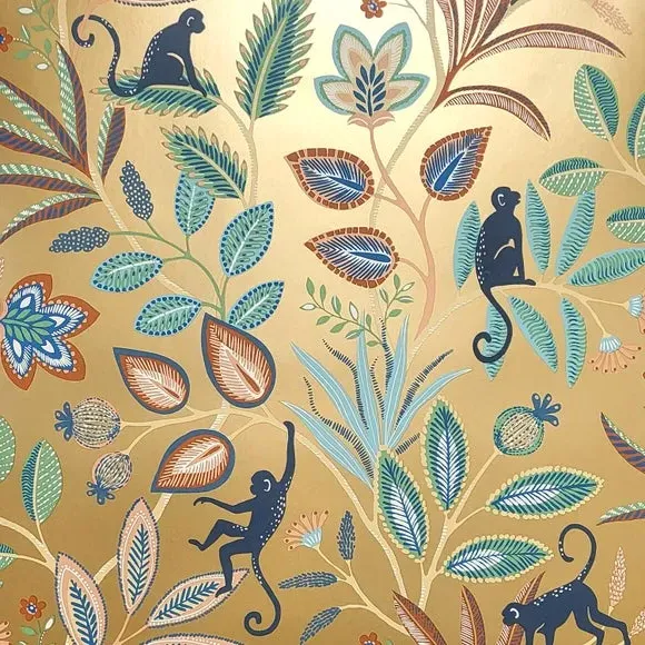 Floral Monkey Wallpaper with Metallic - Gold