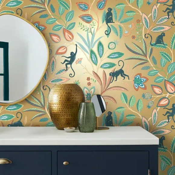 Floral Monkey Wallpaper with Metallic - Gold