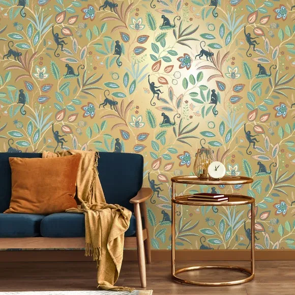 Floral Monkey Wallpaper with Metallic - Gold image
