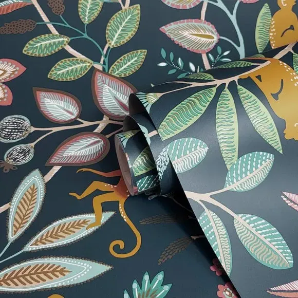 Floral Monkey Wallpaper with Metallic - Navy