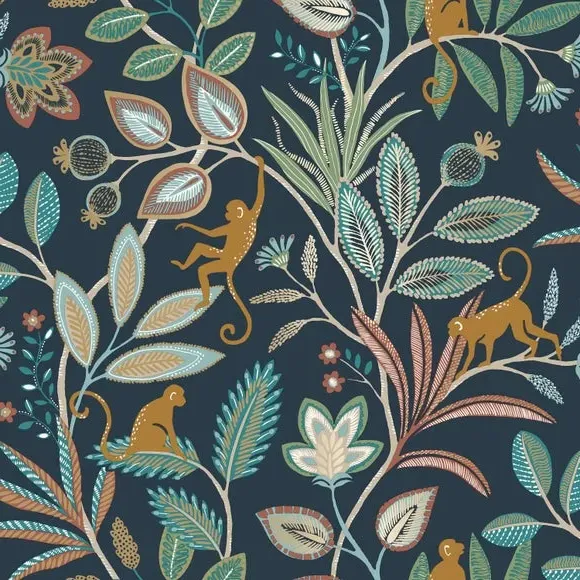 Floral Monkey Wallpaper with Metallic - Navy