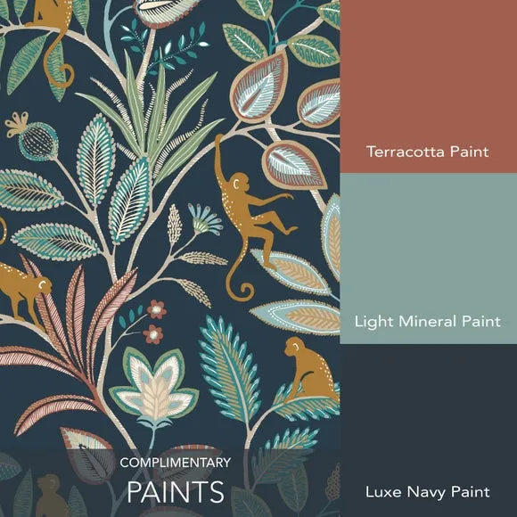 Floral Monkey Wallpaper with Metallic - Navy