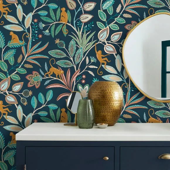Floral Monkey Wallpaper with Metallic - Navy