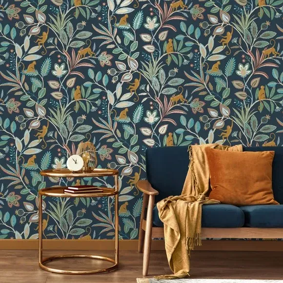 Floral Monkey Wallpaper with Metallic - Navy