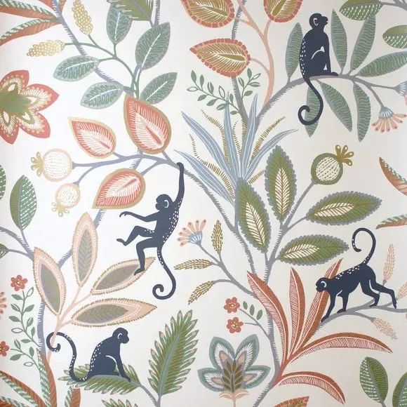 Floral Monkey Wallpaper with Metallic - Yellow