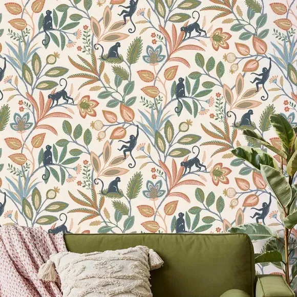 Floral Monkey Wallpaper with Metallic - Yellow