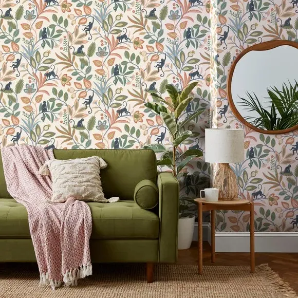 Floral Monkey Wallpaper with Metallic - Yellow