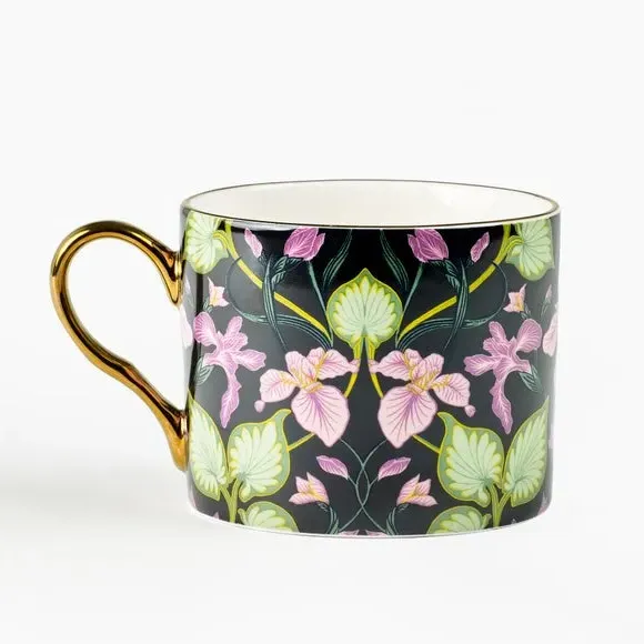 Floral Mug with Gold Rim - Purple, Stoneware
