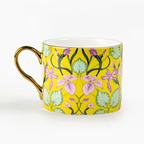 Floral Mug with Gold Rim - Yellow, Stoneware