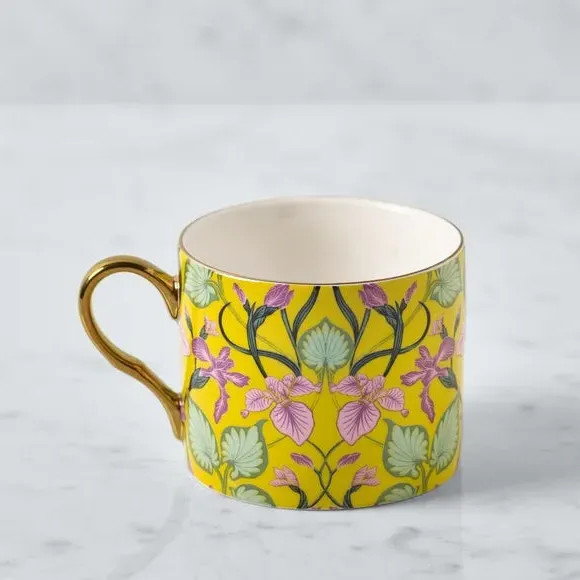 Floral Mug with Gold Rim - Yellow, Stoneware