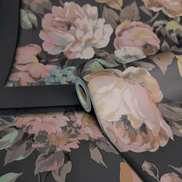 Floral Panel Wallpaper - Black, Smooth Finish