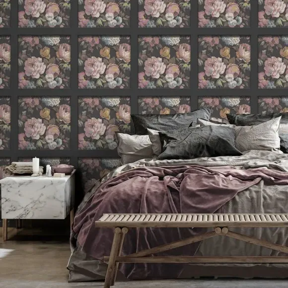 Floral Panel Wallpaper - Black, Smooth Finish