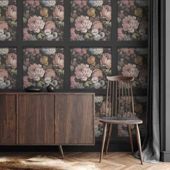 Floral Panel Wallpaper - Black, Smooth Finish image
