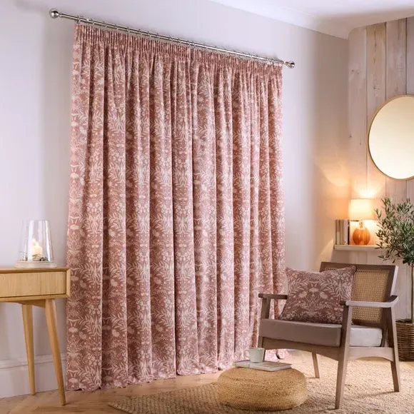 Floral Pencil Pleat Curtains - Natural, Cotton