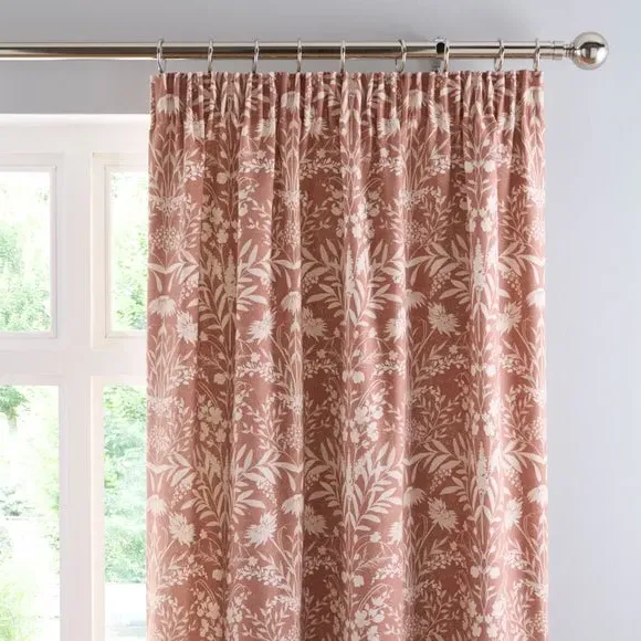 Floral Pencil Pleat Curtains - Natural, Cotton image
