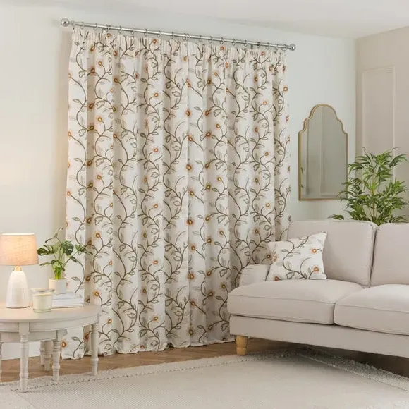 Floral Pencil Pleat Curtains - Natural