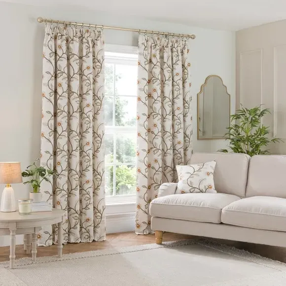 Floral Pencil Pleat Curtains - Natural