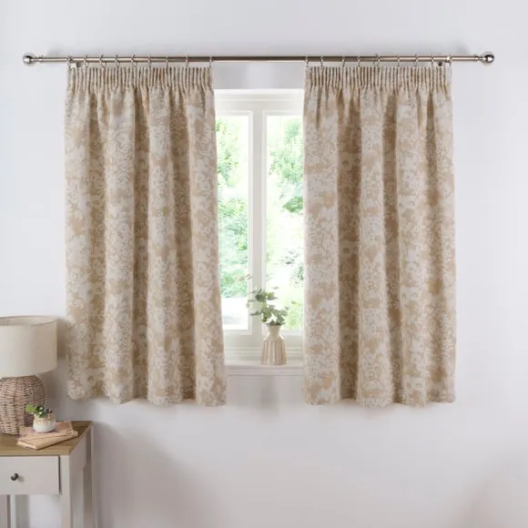 Floral Pencil Pleat Curtains - Natural, Woven