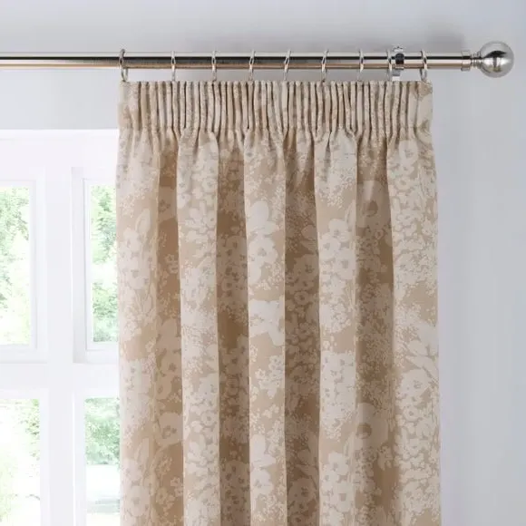 Floral Pencil Pleat Curtains - Natural, Woven