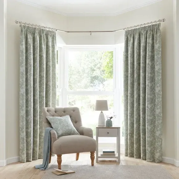 Floral Pencil Pleat Curtains - Sage, Woven