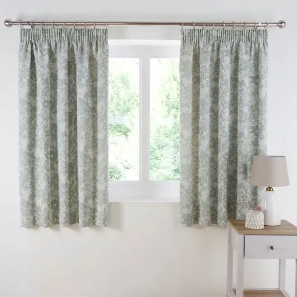 Floral Pencil Pleat Curtains - Sage, Woven