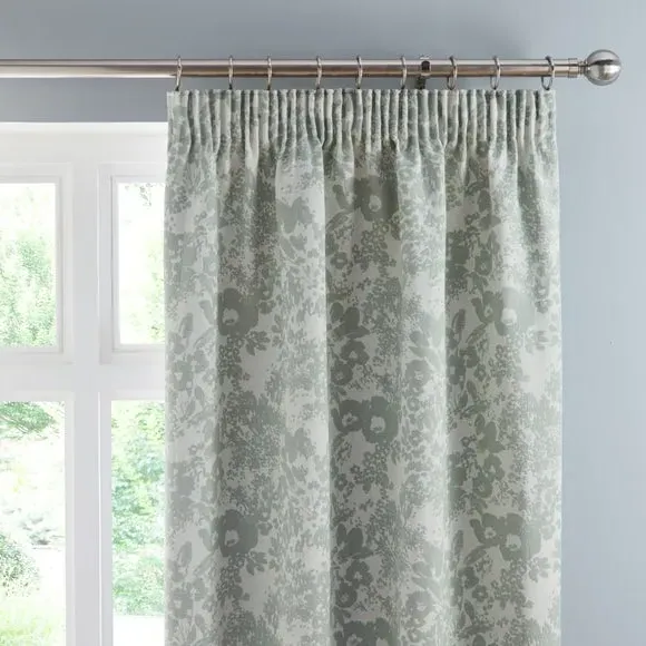 Floral Pencil Pleat Curtains - Sage, Woven