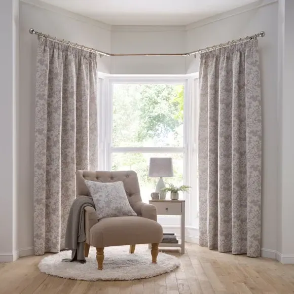 Floral Pencil Pleat Curtains - Soft Grey, Woven