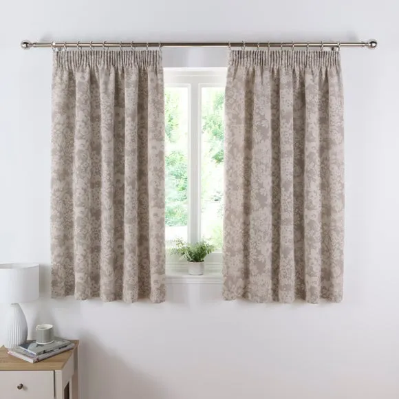 Floral Pencil Pleat Curtains - Soft Grey, Woven